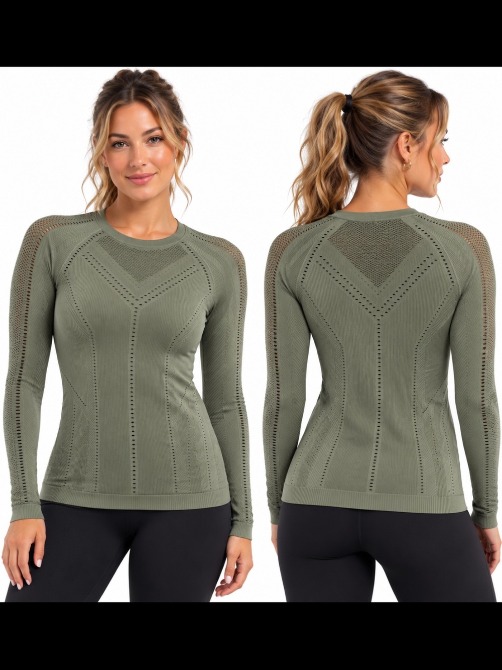 Athleta Oxygen Olive Green Long-Sleeve Seamless Performance Top - Size Small